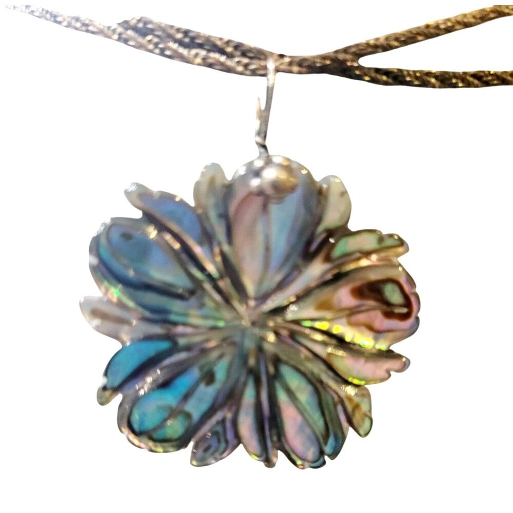Vintage Abalone Flower Shell Pendant On Sterling Silver Chain 18" Long - Picture 4 of 11
